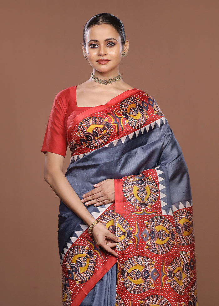 Grey Printed Silk Saree Without Blouse Piece