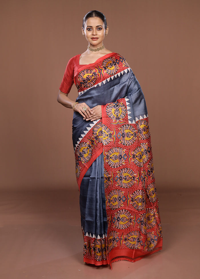 Grey Printed Silk Saree Without Blouse Piece