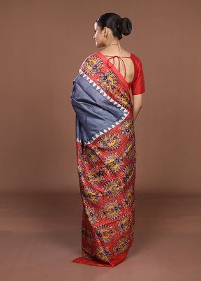 Grey Printed Silk Saree Without Blouse Piece