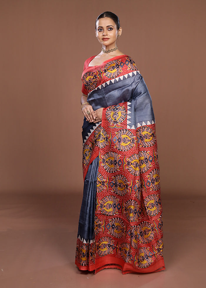 Grey Printed Silk Saree Without Blouse Piece