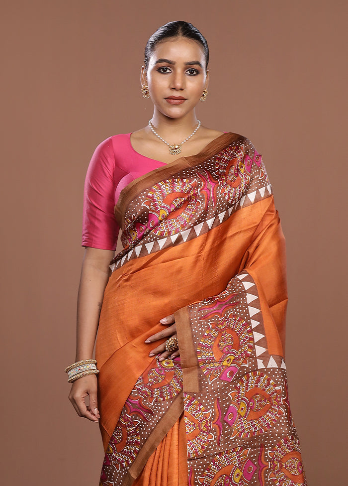 Rust Printed Silk Saree Without Blouse Piece