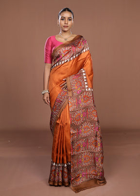 Rust Printed Silk Saree Without Blouse Piece
