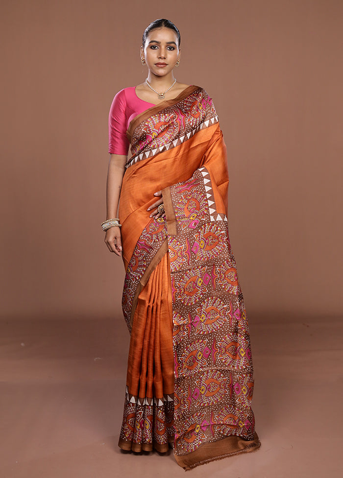 Rust Printed Silk Saree Without Blouse Piece