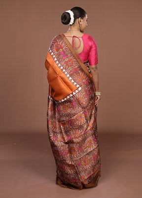 Rust Printed Silk Saree Without Blouse Piece