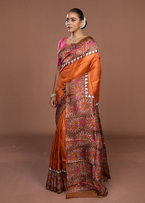 Rust Printed Silk Saree Without Blouse Piece