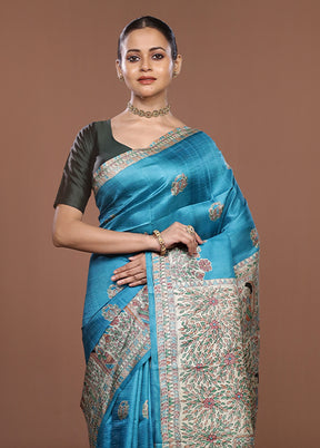 Blue Printed Silk Saree Without Blouse Piece