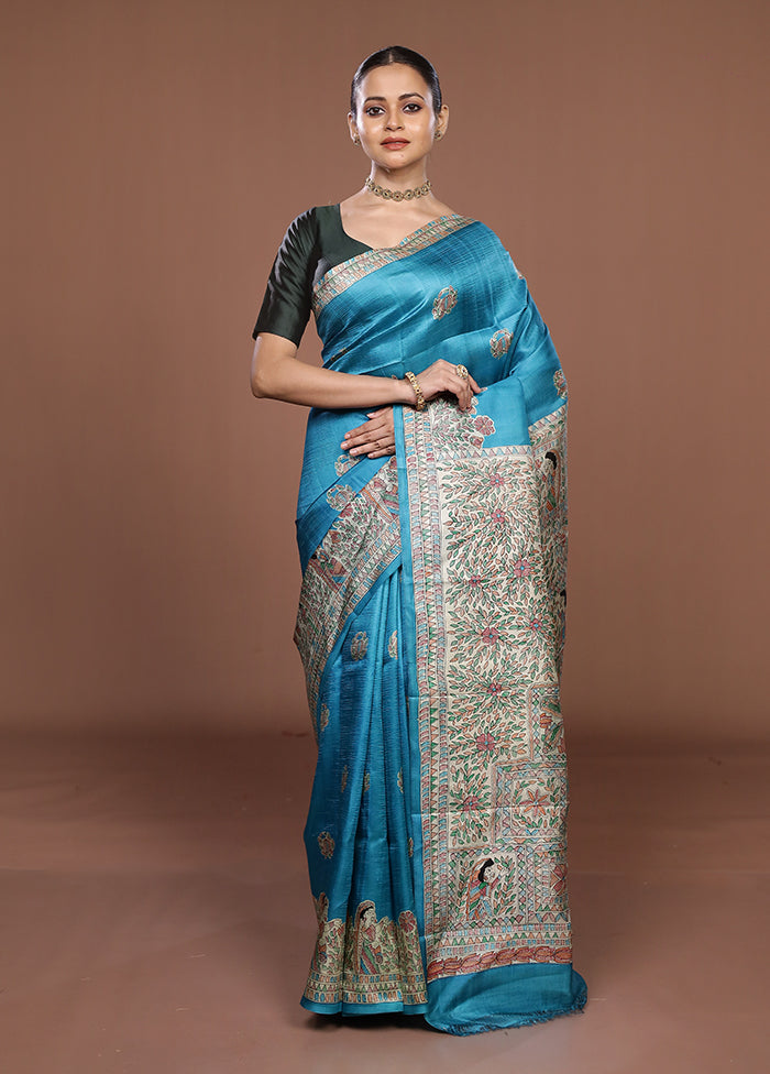 Blue Printed Silk Saree Without Blouse Piece