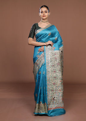 Blue Printed Silk Saree Without Blouse Piece