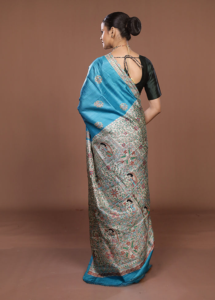 Blue Printed Silk Saree Without Blouse Piece