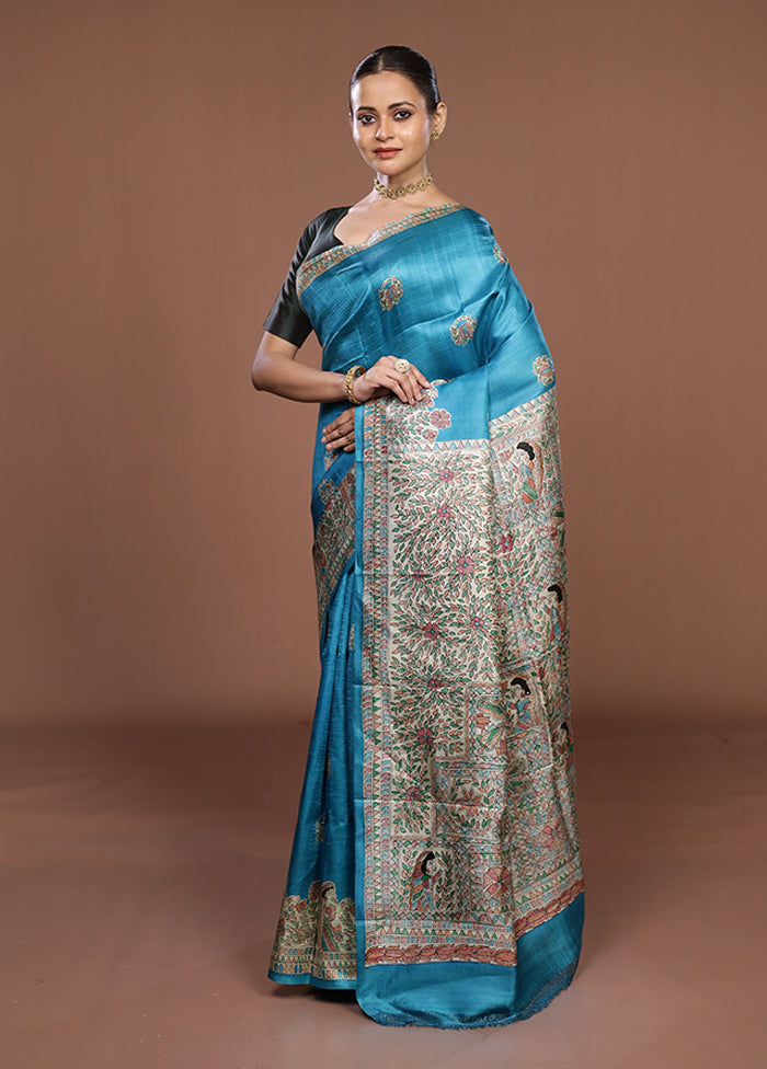 Blue Printed Silk Saree Without Blouse Piece
