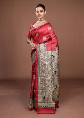Red Printed Pure Silk Saree Without Blouse Piece