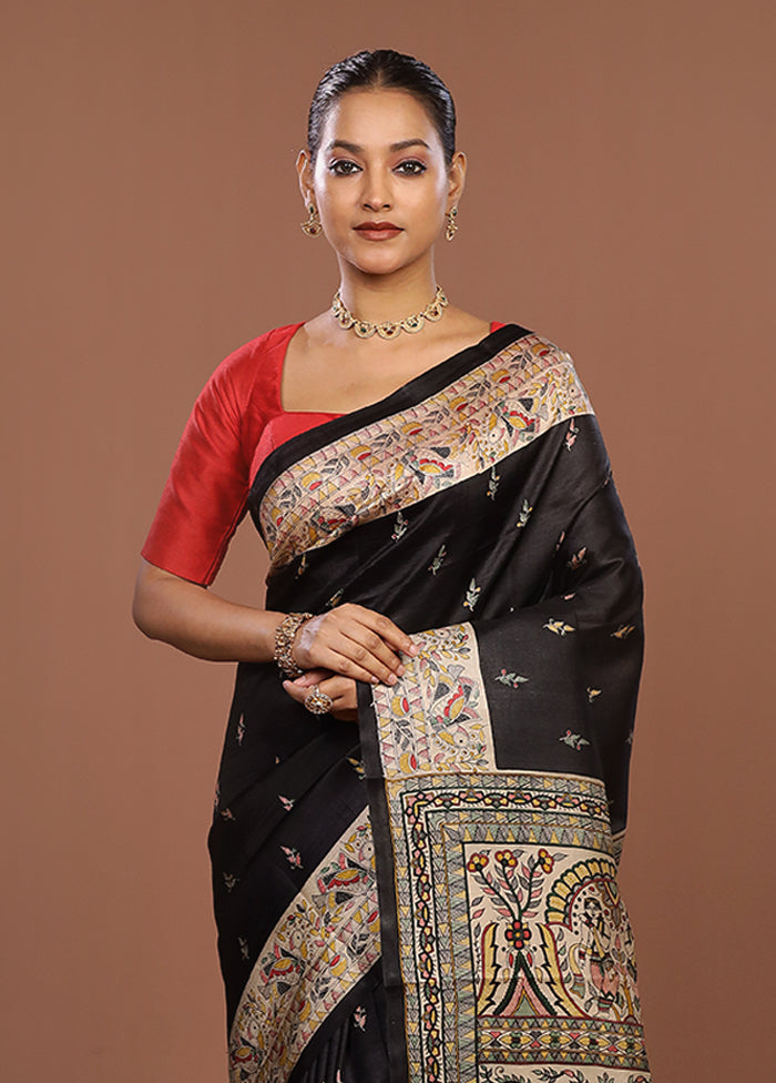 Black Printed Silk Saree Without Blouse Piece