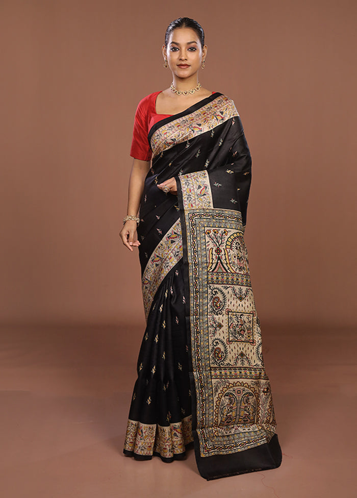 Black Printed Silk Saree Without Blouse Piece
