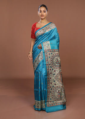 Blue Printed Pure Silk Saree Without Blouse Piece