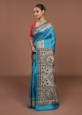 Blue Printed Pure Silk Saree Without Blouse Piece