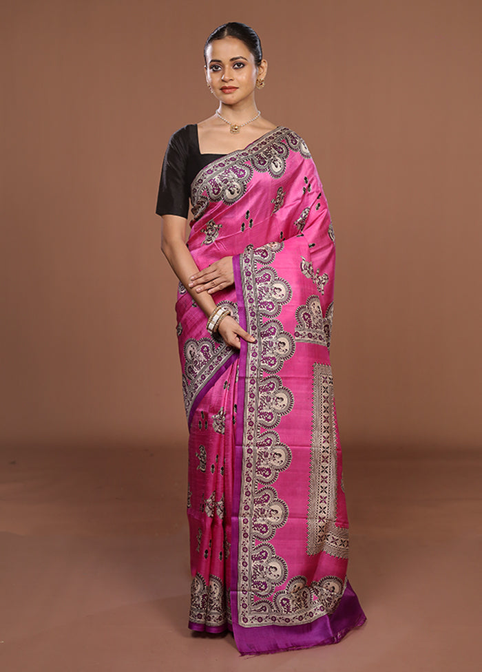 Pink Printed Silk Saree Without Blouse Piece