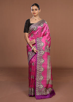 Pink Printed Silk Saree Without Blouse Piece