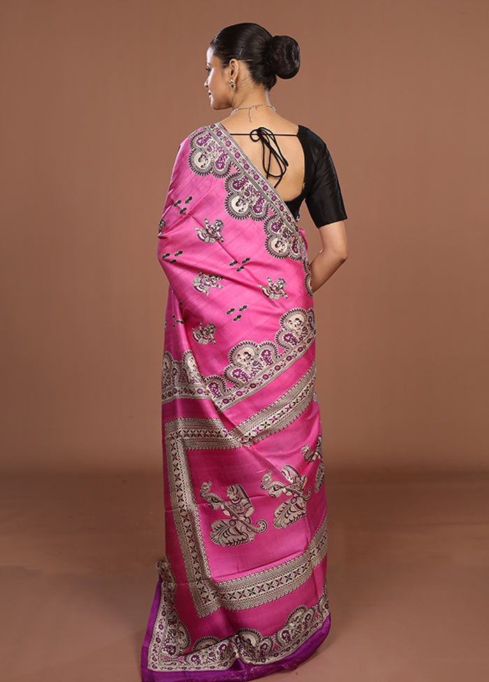 Pink Printed Silk Saree Without Blouse Piece