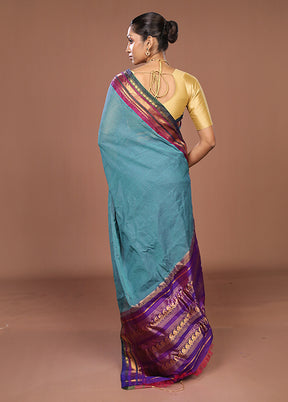 Blue Gadwal Pure Silk Saree Without Blouse Piece