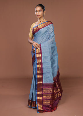 Blue Gadwal Pure Silk Saree Without Blouse Piece