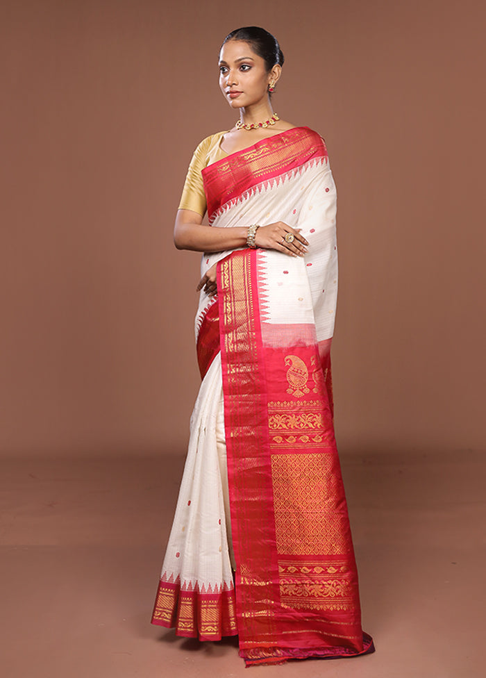 White Gadwal Pure Silk Saree Without Blouse Piece