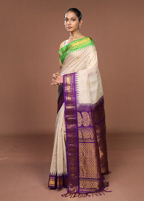 Cream Gadwal Pure Silk Saree Without Blouse Piece