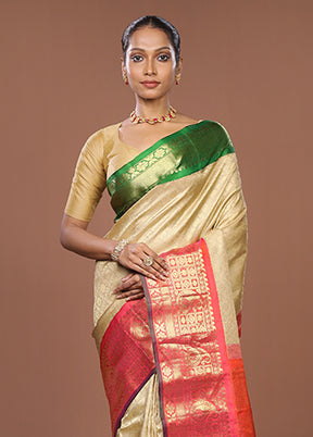 Cream Gadwal Pure Silk Saree Without Blouse Piece
