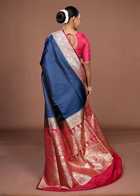Blue Banarasi Silk Saree With Blouse Piece