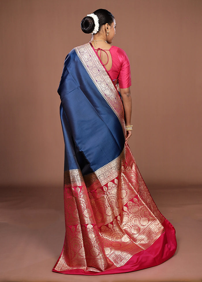 Blue Banarasi Silk Saree With Blouse Piece