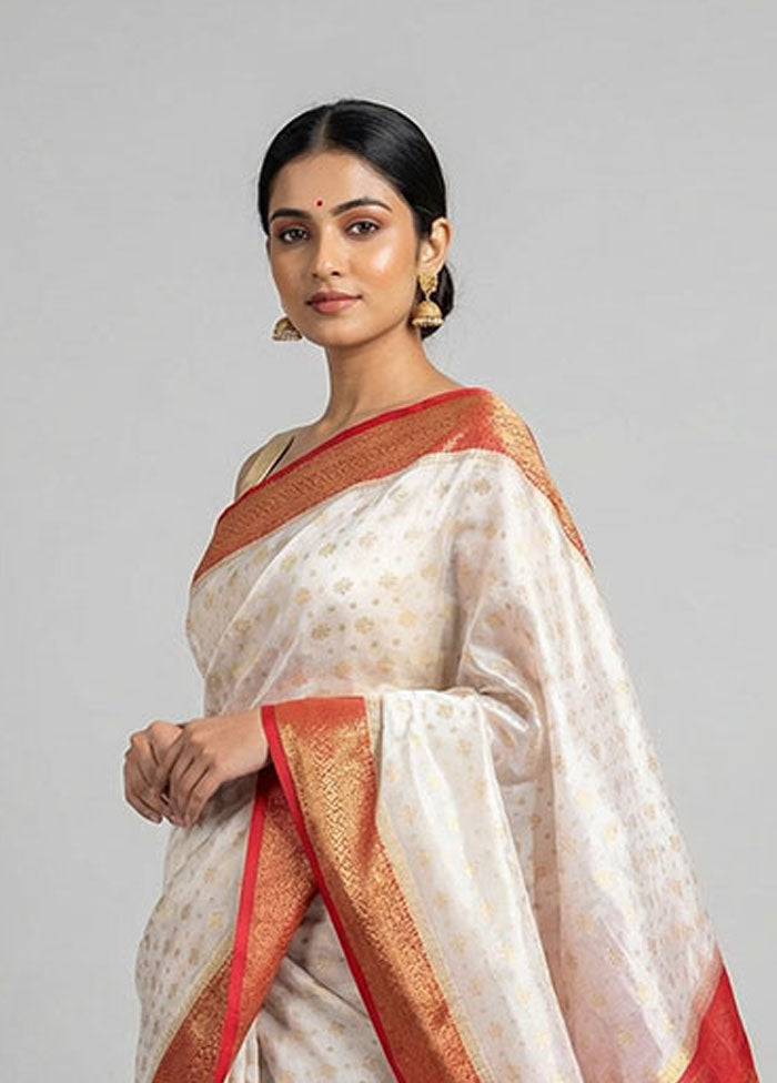 White Dupion Silk Saree With Blouse Piece