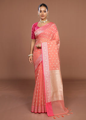 Peach Kora Silk Saree With Blouse Piece