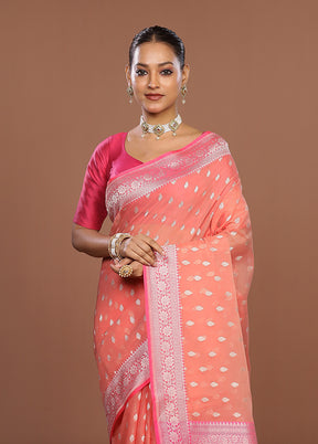 Peach Kora Silk Saree With Blouse Piece