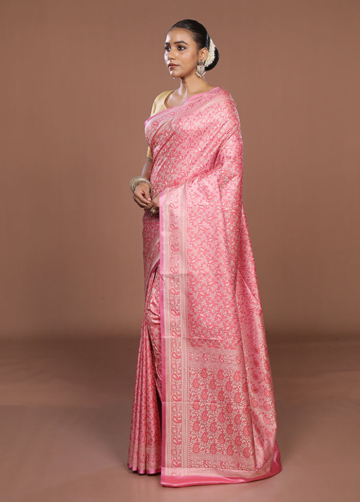 Pink Jamewar Silk Saree With Blouse Piece