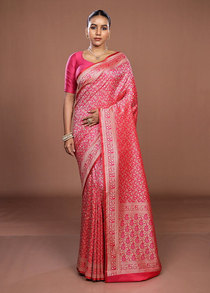 Pink Jamewar Silk Saree With Blouse Piece