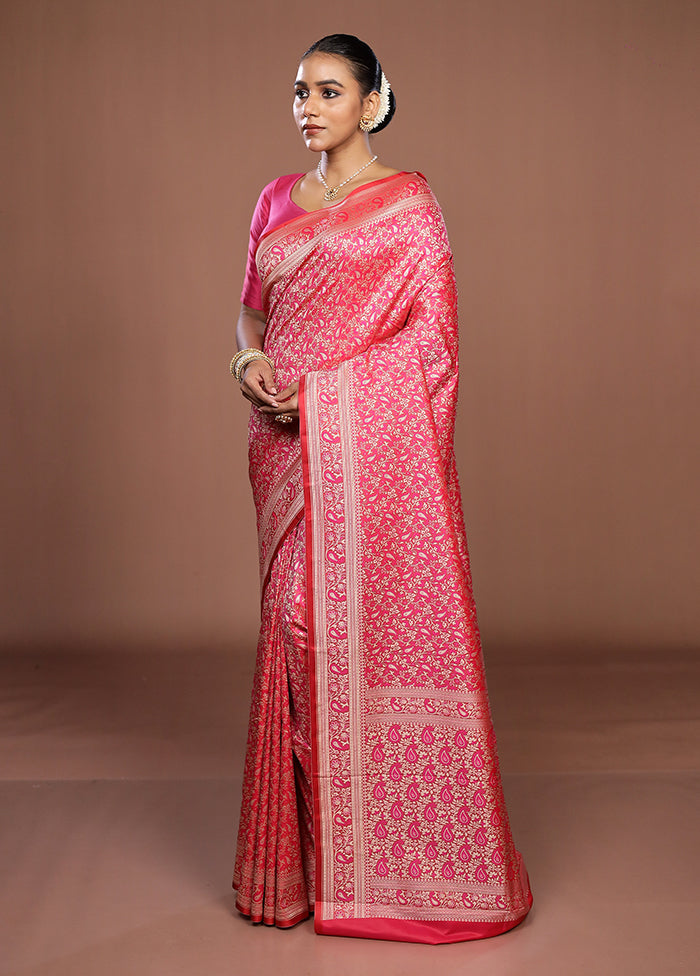 Pink Jamewar Silk Saree With Blouse Piece