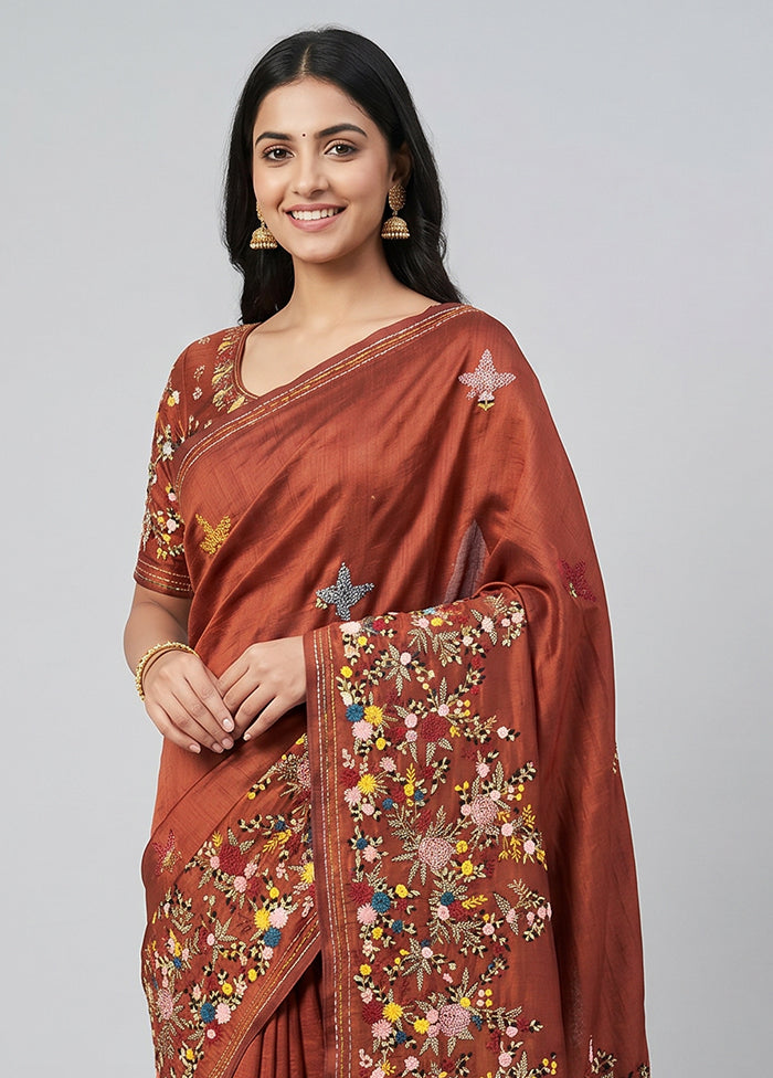 Maroon Tussar Silk Saree With Blouse Piece
