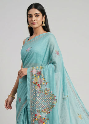 Blue Tussar Silk Saree With Blouse Piece