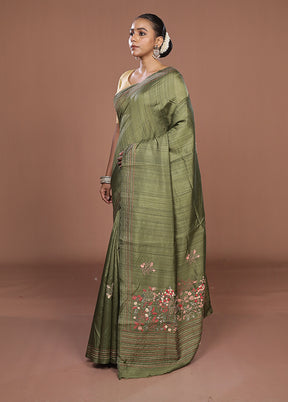 Green Tussar Silk Saree With Blouse Piece