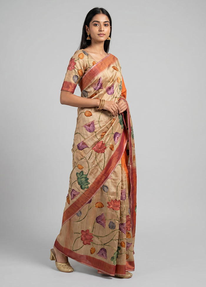 Cream Tussar Silk Saree With Blouse Piece