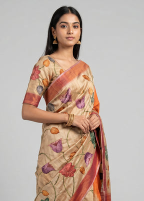 Cream Tussar Silk Saree With Blouse Piece