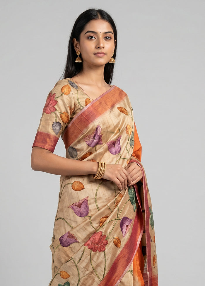 Cream Tussar Silk Saree With Blouse Piece