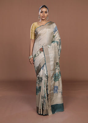 Cream Tussar Silk Saree With Blouse Piece
