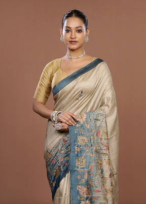 Cream Tussar Silk Saree With Blouse Piece