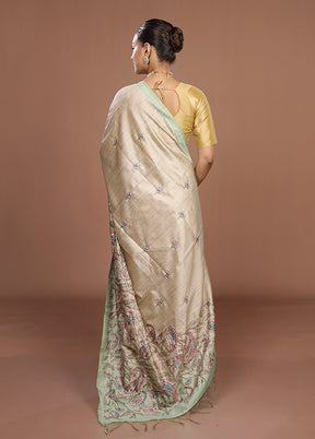 Cream Tussar Silk Saree With Blouse Piece