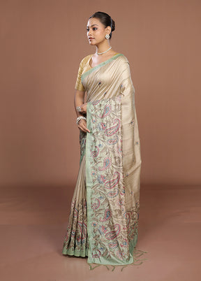 Cream Tussar Silk Saree With Blouse Piece