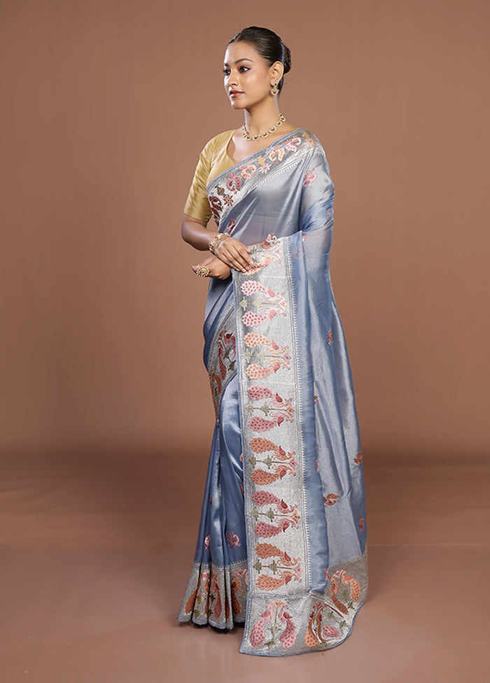 Blue Organza Saree With Blouse Piece