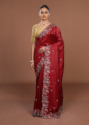 Maroon Tussar Silk Saree With Blouse Piece
