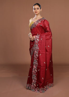 Maroon Tussar Silk Saree With Blouse Piece