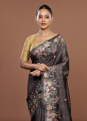Grey Tussar Silk Saree With Blouse Piece