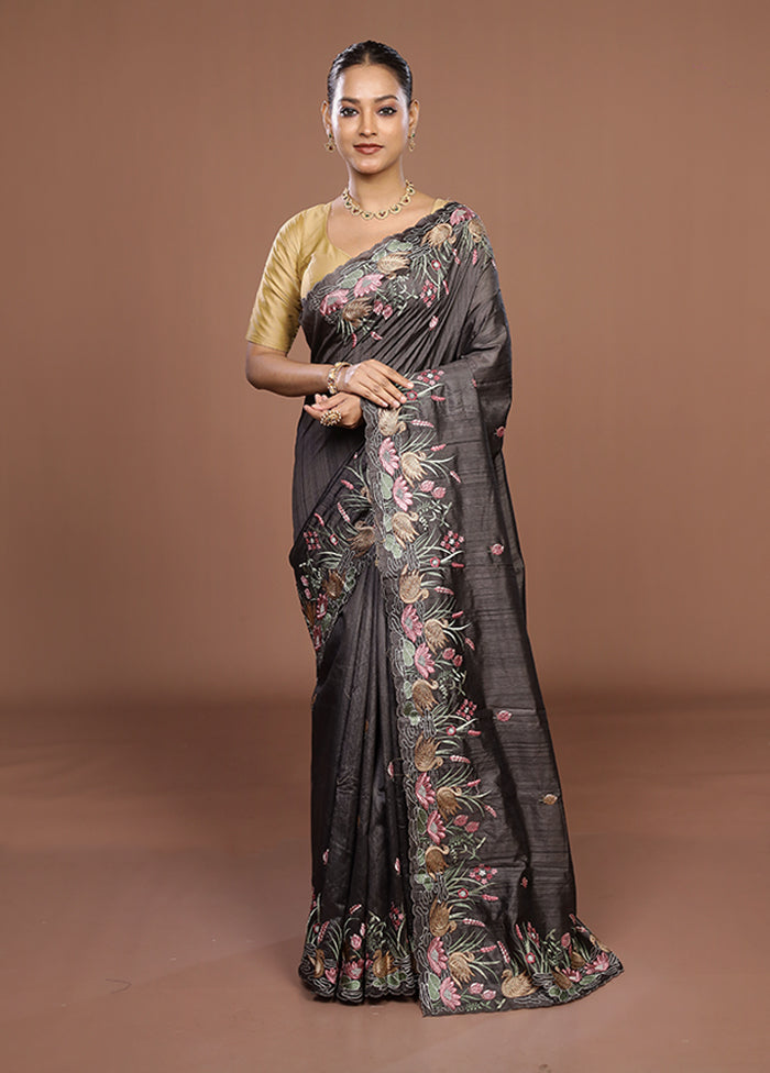 Grey Tussar Silk Saree With Blouse Piece